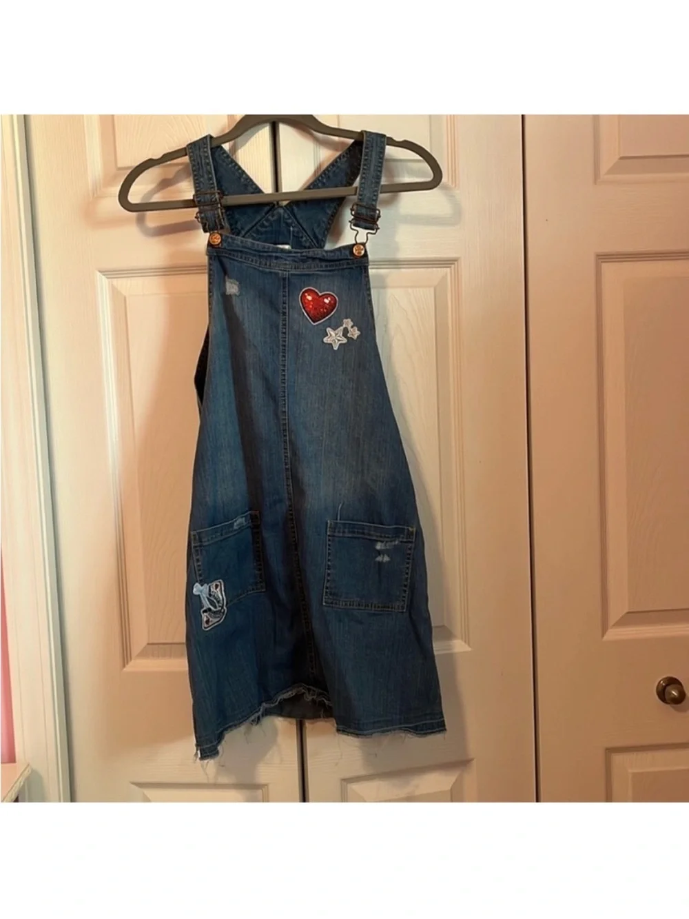 Girls Denim Overall Dress with Heart Patch - Blue